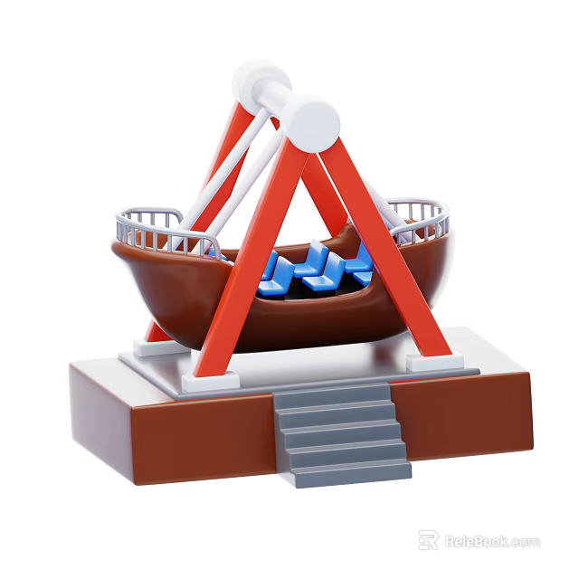Amusement Ride Sculpture Featuring Boat Structure Blue Seats Red White Supports Gray Steps Brown Base 3d model 