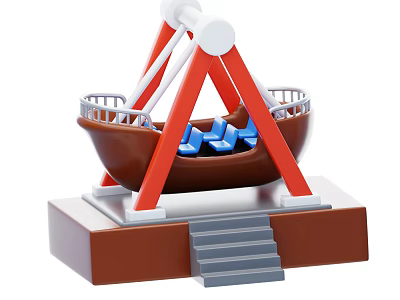Amusement Ride Sculpture Featuring Boat Structure Blue Seats Red White Supports Gray Steps Brown Base 3d model
