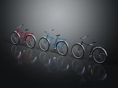 Classic Red Blue and Black Bicycles Lined Up with Reflections on Dark Background 3d model