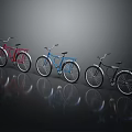 Classic Red Blue and Black Bicycles Lined Up with Reflections on Dark Background 3d model
