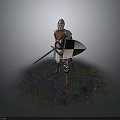 Armored Knight In Medieval Armor Holding Sword And Shield Standing On Grassy Ground