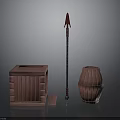 Handcrafted Rustic Scene Components With Wooden Crate Spear And Barrel