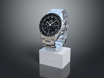 Stylish Stainless Steel Watch With Black Dial On White Chronos Stand 3d model