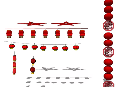 Traditional Red Chinese Lanterns Hanging Decorations With String Arrangements And Ornamental Tassels 3d model