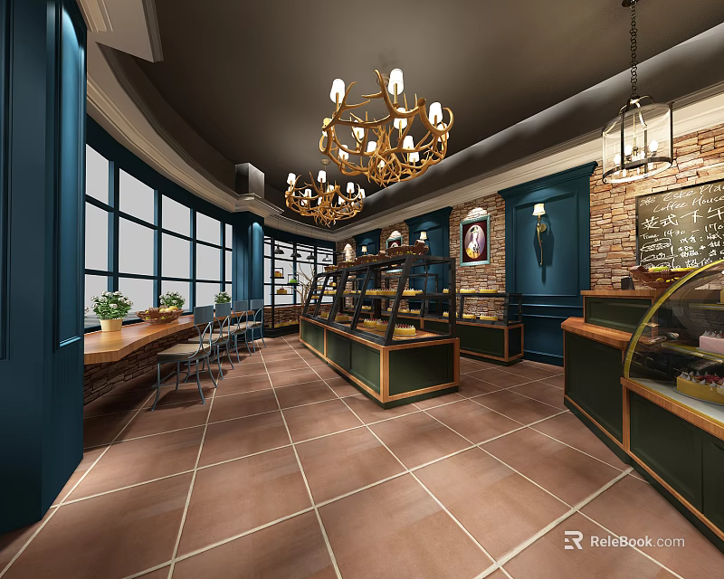 Dessert Shop Interior With Dark Blue Walls Golden Chandeliers Display Cases Brick Wall Large Windows 3d model 