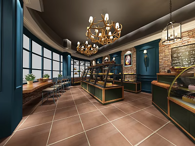 Dessert Shop Interior With Dark Blue Walls Golden Chandeliers Display Cases Brick Wall Large Windows 3d model