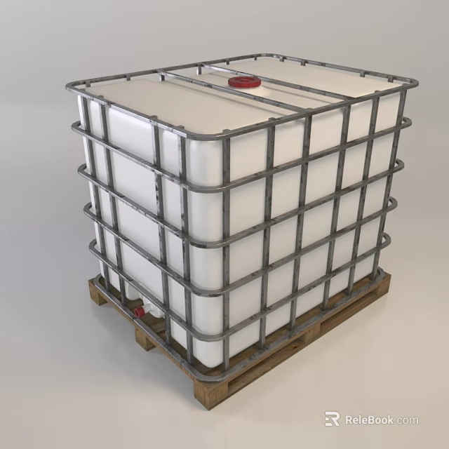 Large Square White Plastic Container with Metal Frame Wooden Pallet and Red Lid 3d model 
