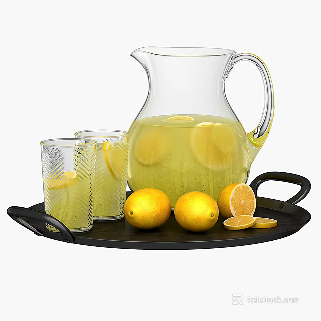 Refreshing Homemade Lemonade in Glass Pitcher with Fresh Lemons and Drinking Glasses on Black Tray 3d model 