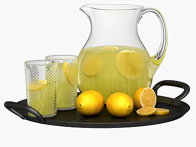 Refreshing Homemade Lemonade in Glass Pitcher with Fresh Lemons and Drinking Glasses on Black Tray 3d model