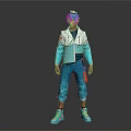 Stylish Digital Game Character With Teal Hair Blue White Jacket And Orange Object