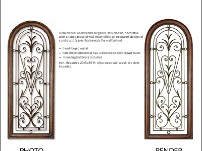 Ornamental Vintage Brown Wall Decor With Scroll Design Hand Painted Wood Frame 26x60H Inch 3d model