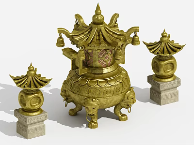 Golden Decorative Ornament Set With Lidded Container Elephant Feet Pagoda Shaped Sidepieces Square Bases 3d model