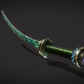 Artistic Traditional Samurai Sword with Green Decorative Engraved Blade and Gold Accented Hilt