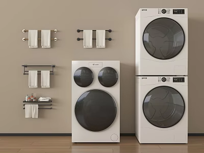 Modern White Front Loading Washing Machines In Organized Laundry Room With Towel Racks 3d model