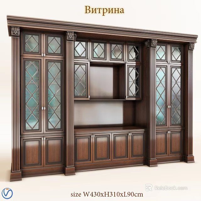 Elegant Wooden Display Cabinet With Glass Doors Carved Details And Shelves 3d model 