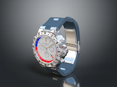 Electronic Watch With Blue Strap White Dial Metal Case And Red Blue Markers 3d model
