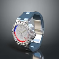 Electronic Watch With Blue Strap White Dial Metal Case And Red Blue Markers