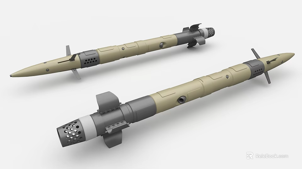 Missile Shaped Industrial Equipment In Beige Gray With Multiple Holes Fins And Components 3d model 