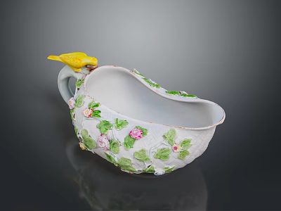 Decorative Porcelain Bowl With Green Leaves Pink Flowers And Yellow Bird Ornament For Home Decor 3d model