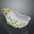 Decorative Porcelain Bowl With Green Leaves Pink Flowers And Yellow Bird Ornament For Home Decor