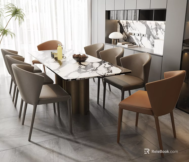 Elegant Modern Dining Room With Marble Tabletop Chairs And Decorative Items 3d model 