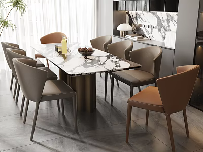 Elegant Modern Dining Room With Marble Tabletop Chairs And Decorative Items 3d model