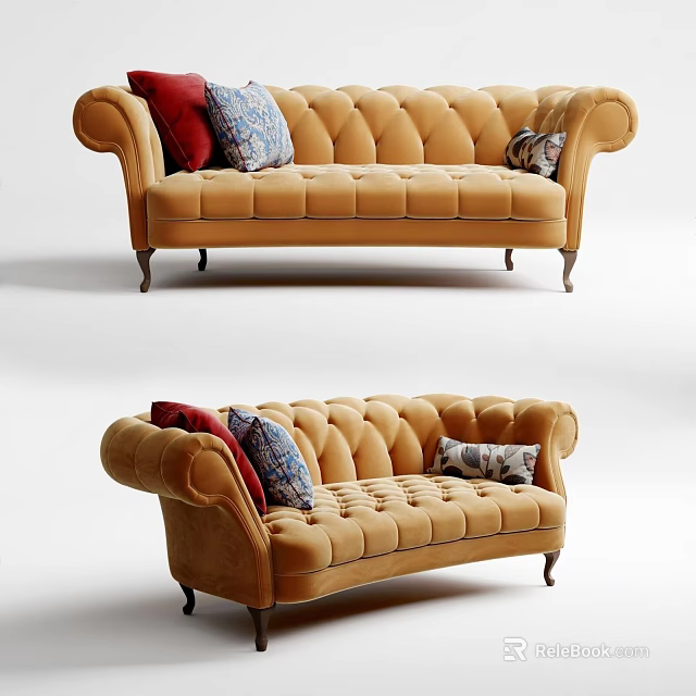 Two Seater Orange Velvet Sofa With Tufted Back Rolled Arms And Colorful Pillows 3d model 