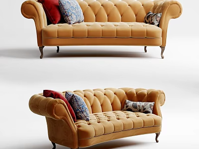 Two Seater Orange Velvet Sofa With Tufted Back Rolled Arms And Colorful Pillows 3d model