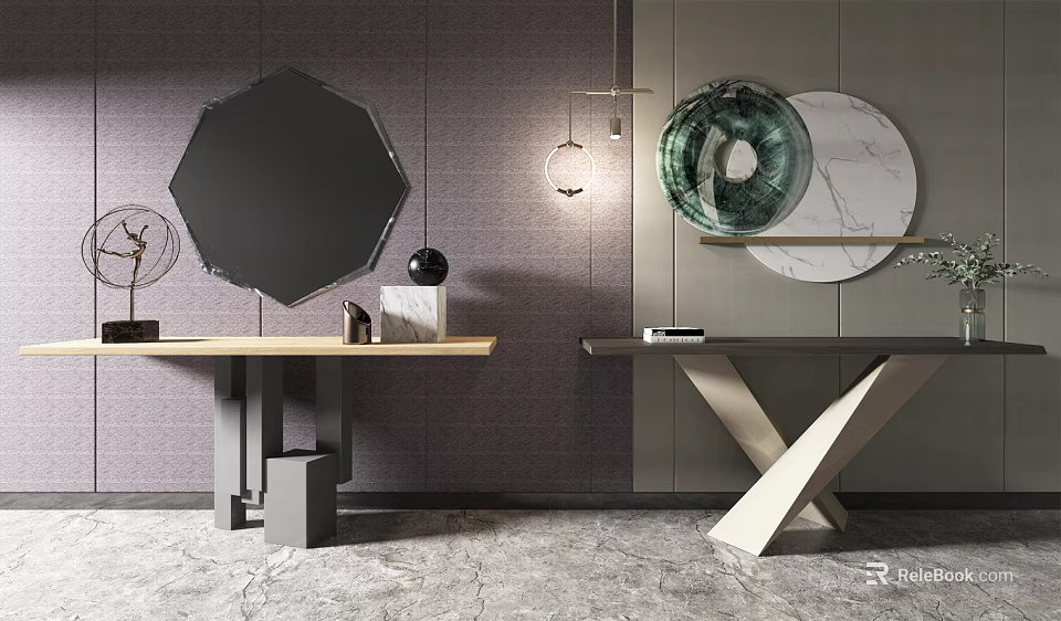 Modern Console Table Design With Octagonal Black Mirror Round Marble Mirror And Hanging Pendant Lights 3d model
