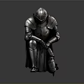 Medieval Knight Battle Armor Statue In Silver Metal Squatting Pose