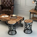 Tufted Leather Armchair And Wooden Coffee Table Set With Metal Stools And Vintage Lamp