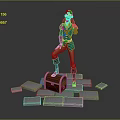 Game Movie Character In Blue Red Outfit Standing On Wooden Treasure Chest With Gray Blocks