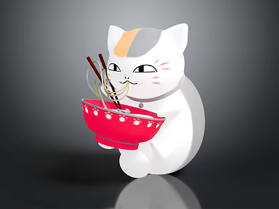 Cute White Maneki Neko With Orange Patch Holding Red Bowl Of Noodles And Chopsticks 3d model