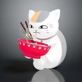 Cute White Maneki Neko With Orange Patch Holding Red Bowl Of Noodles And Chopsticks