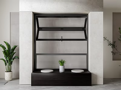 Contemporary Interior Black Metal Shelf With Dark Wood Base Round White Objects And Green Plants 3d model