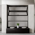 Contemporary Interior Black Metal Shelf With Dark Wood Base Round White Objects And Green Plants