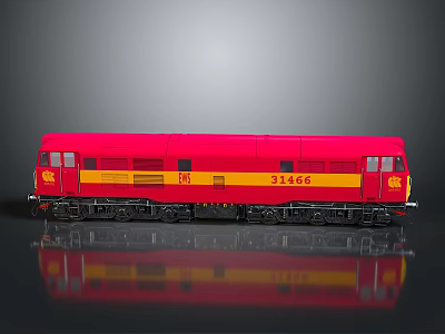 Red Train Model with Yellow Stripes Number 31466 on Gray Background and Reflection 3d model