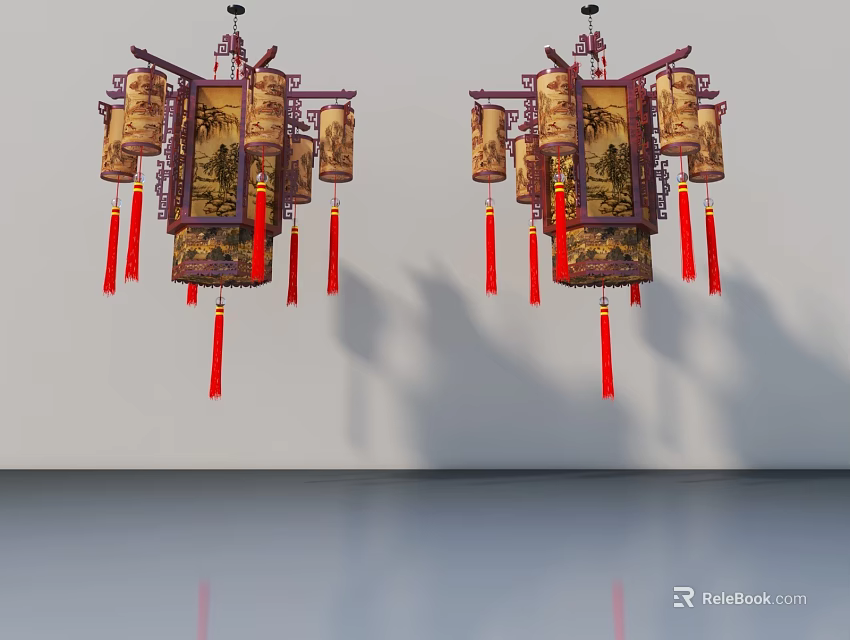 Traditional Chinese Style Swing Door with Intricate Carvings Red Tassels and Classic Design 3d model 