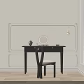 Elegant Black Dressing Table With Round Mirror Chair And Wall Lamp On Wooden Floor