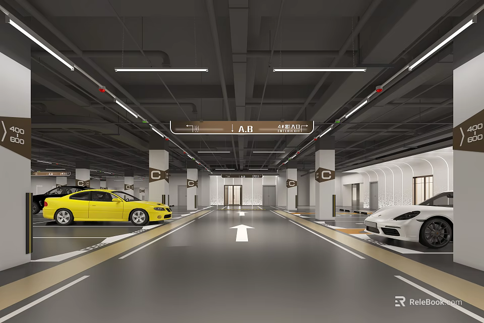 Modern Parking Garage With Yellow And White Cars Directional Signs And Arrow Markings 3d model 