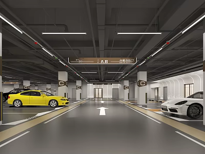 Modern Parking Garage With Yellow And White Cars Directional Signs And Arrow Markings 3d model