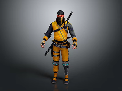 Yellow And Black Ninja Cosplay Costume With Armor Equipment And Swords 3d model