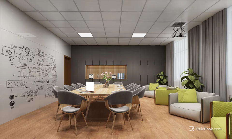 Modern Conference Room Interior With Long Table Gray Chairs Green Plants Whiteboard And Projector 3d model 