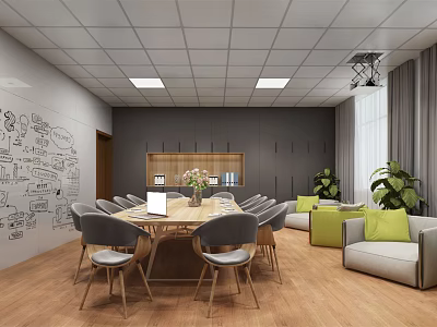 Modern Conference Room Interior With Long Table Gray Chairs Green Plants Whiteboard And Projector 3d model