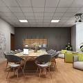 Modern Conference Room Interior With Long Table Gray Chairs Green Plants Whiteboard And Projector