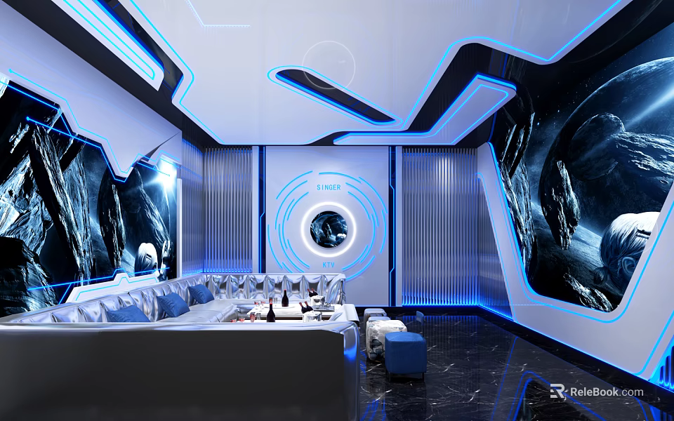 Modern KTV Interior With Futuristic Blue Lighting Curved Decor Large Screens And Comfortable Sofa Seating 3d model 