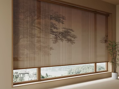 Chinese Style Curtain With Tree Pattern And Lake View Window With Green Plant 3d model