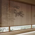 Chinese Style Curtain With Tree Pattern And Lake View Window With Green Plant