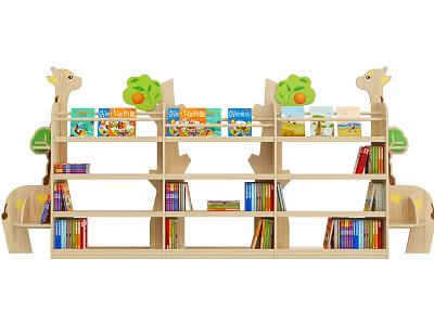 Wooden Children's Bookshelf with Giraffe Design Leaf Decor and Colorful Storybooks 3d model