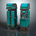 Two Green Industrial Air Compressor Units With Metal Frames And Control Panels 3d model